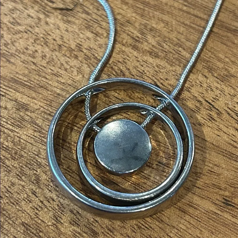 Silver Tone Circular Pendant Necklace 38” chain Statement Minimalist Unique